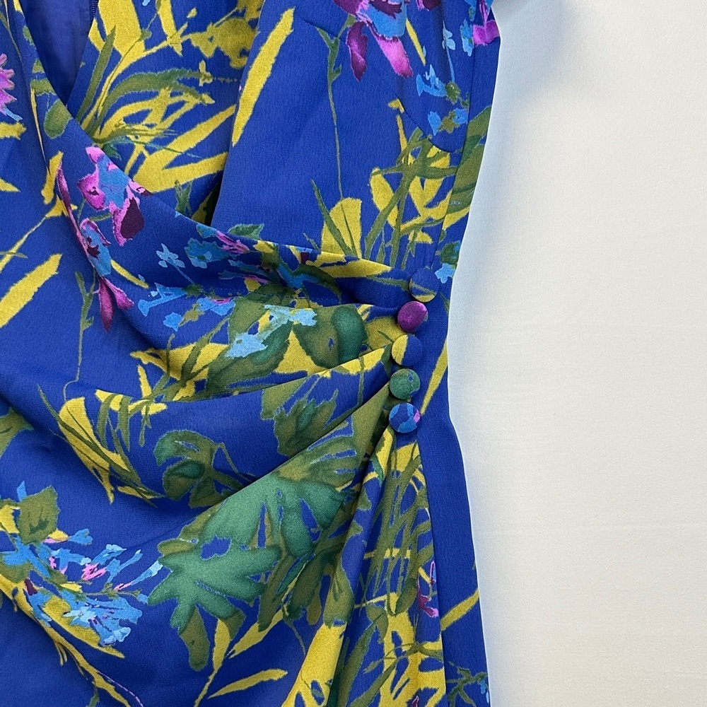 Vintage 90s David Warren Faux Wrap Chiffon Midi Dress Tropical Floral Blue 10 - Picture 3 of 7